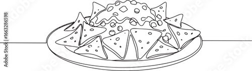 Monochrome illustration displaying a plate of nachos with toppin