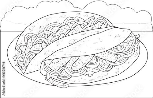 Detailed line art illustration depicting sizzling fajitas in a d