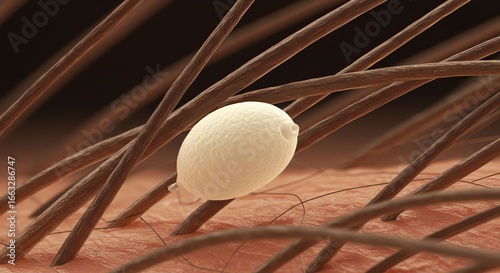 A detailed 3D microscopic view of a single head louse egg, or nit, firmly cemented to a strand of human hair on the scalp skin