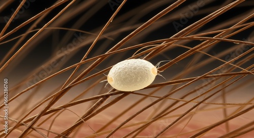 A magnified, detailed view of a single head louse egg, commonly known as a nit, cemented to a human hair shaft illustrating a parasitic infestation