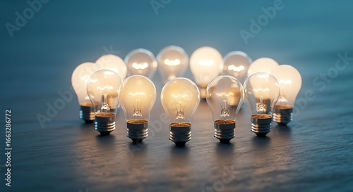 A circle of glowing incandescent light bulbs representing the power of collective brainstorming, shared innovation, and bright ideas
