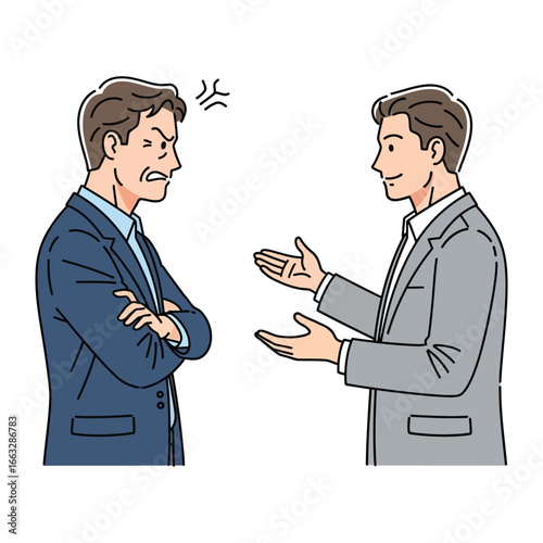 Conflict in Conversation: Two men engaged in an intense conversation. One displays an angry demeanor, while the other presents a calm and understanding presence. Portraying effective communication.