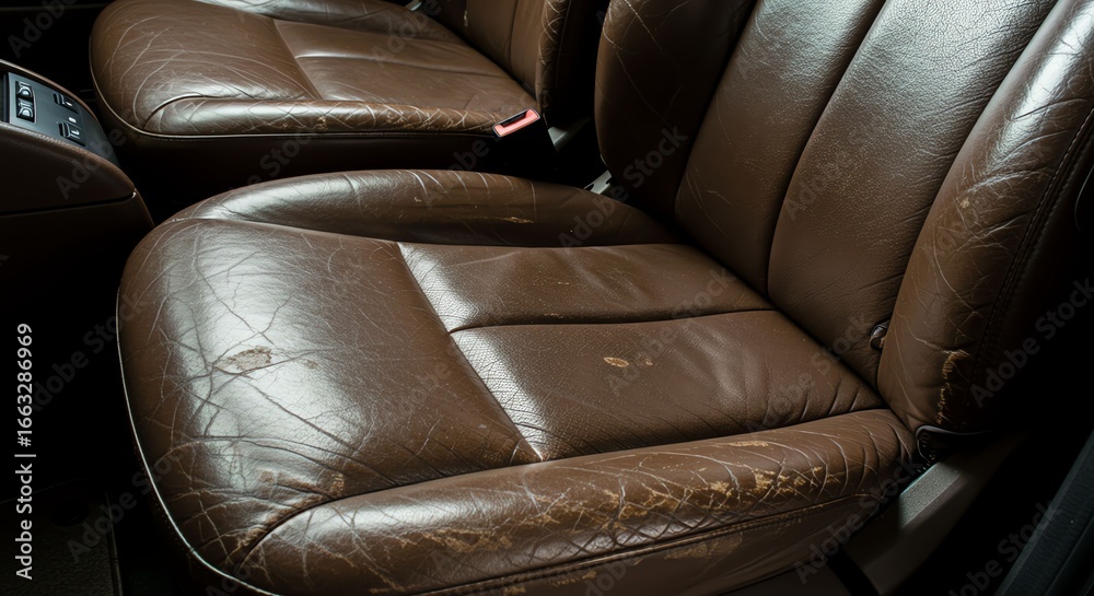 Fototapeta premium Detailed Close-Up View of a Worn and Cracked Brown Leather Car Seat, Showing Texture