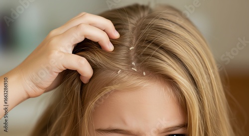 Close-up of a woman with an itchy scalp discovering a head lice infestation, with visible nits clinging to her blonde hair strands
