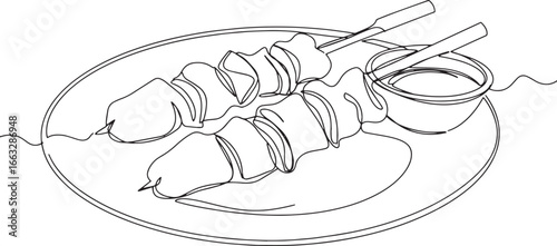 Elegant satay continuous line drawing showcases simplicity and c