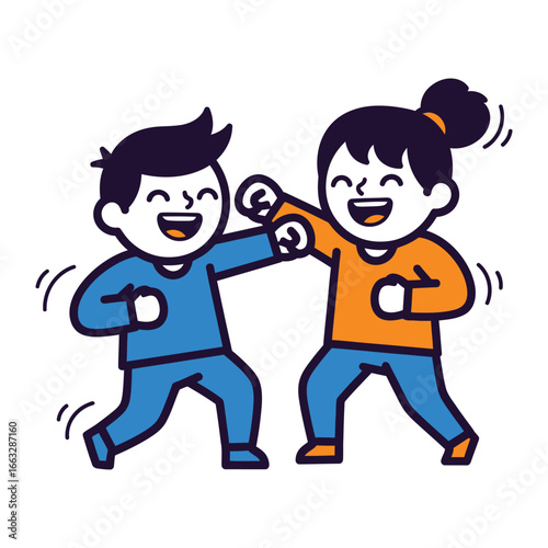 Playful Encounter: A lively cartoon illustration depicts two energetic children in a vibrant and colorful environment, engaged in a friendly sparring match, each grinning with pure joy and glee.