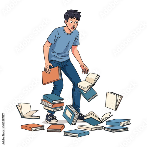 Oh No! Book's Gone: A young person looks on with horror as books tumble to the floor. Illustrating the moment of unexpected chaos.