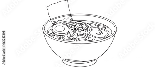 Line art illustration depicting a bowl of Japanese ramen with va