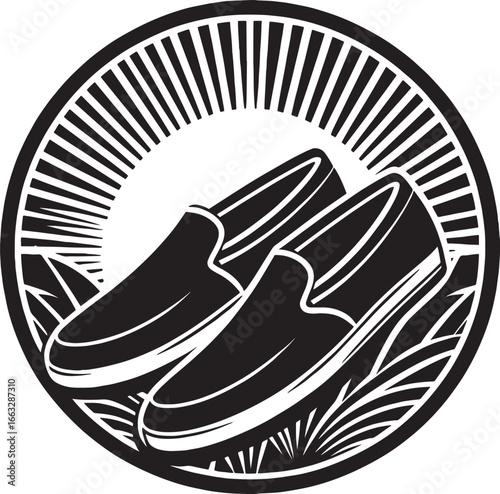 Abstract monochrome illustration of a stylized restaurant with decorative elements and airplane