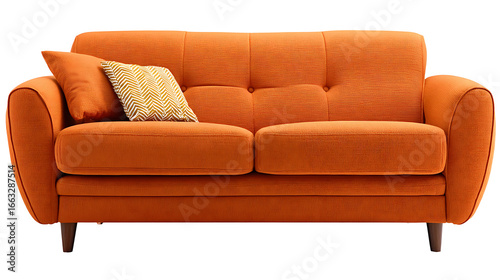 A modern orange couch with colorful pillows on a clean white background perfect for interior design concepts or furniture advertisements
