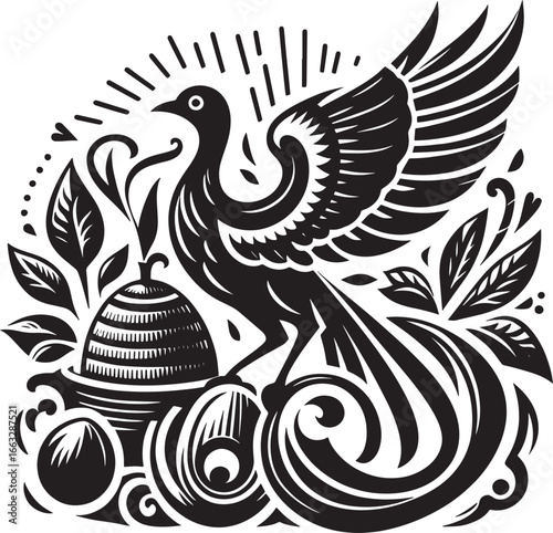 Intricate black and white illustration of a banquet hall decorated with lights and flowers