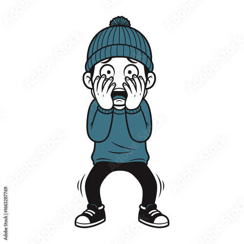 Startled and Apprehensive: A young man, donned in a warm hat and sweater, recoils with a look of stark panic. This image showcases the universal expression of fear.