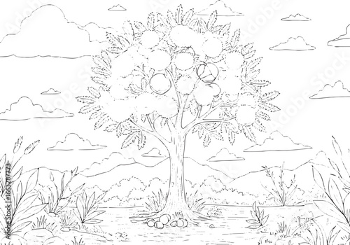 Orchard scene with chestnut tree, coloring page and outline illu