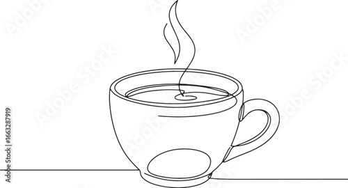 Continuous line drawing of a steaming cup showcasing minimalist