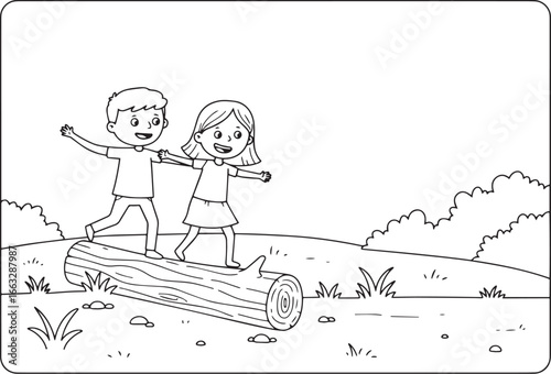 Whimsical illustration of children playing balance beam on a fal