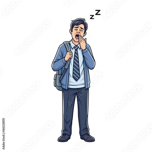 Drowsy Schoolboy: A student, weary from studying, yawns widely, highlighting the challenges of academic fatigue and the need for rest.