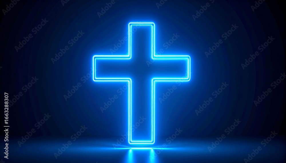 Obraz premium Glowing Blue Cross Shape on Dark Background with Light Reflection