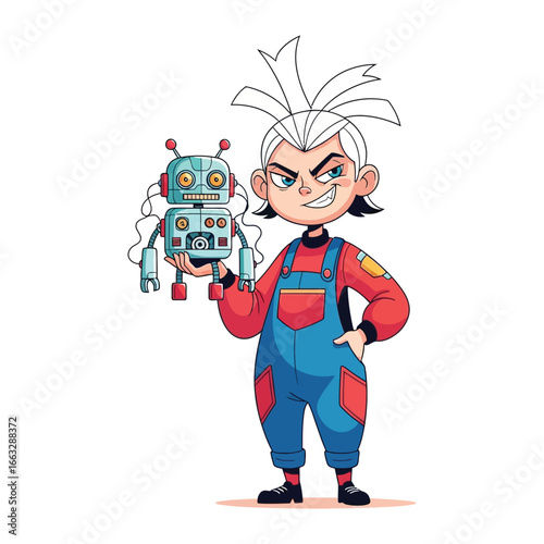 Curious Duo: A charming child and his robot friend share a moment of connection and wonder, exploring the endless possibilities of imagination, this creative and engaging artwork.