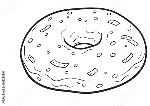 Whimsical monochrome drawing of savory donut style treat with ci