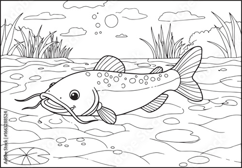 Coloring Book Illustration of a Friendly Cartoon Catfish Swimmin
