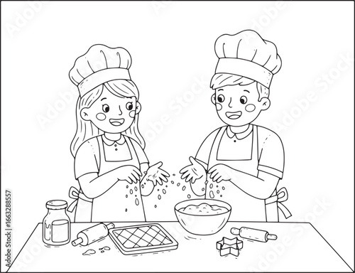 Illustration of baking children having fun in the kitchen prepar