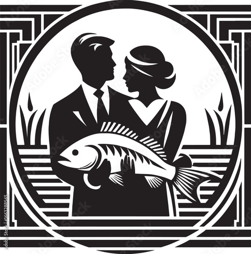 Intricate Black and White Illustration of a Crane Lifting a Figure Under a Starry Sky