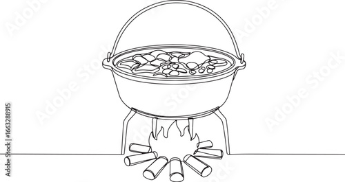 Stylized outline illustration of food preparation in a cast iron