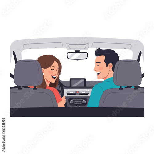 Joyride of Connection: Two people in a car engage in joyful communication, illustrating shared experiences, happiness, and the freedom of travel.