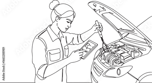 Line art depiction of a female mechanic diagnosing car issues wi