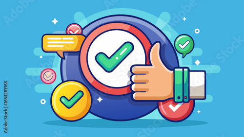 Illustration of a hand giving a thumbs up with a checkmark inside a circle to the right side icon