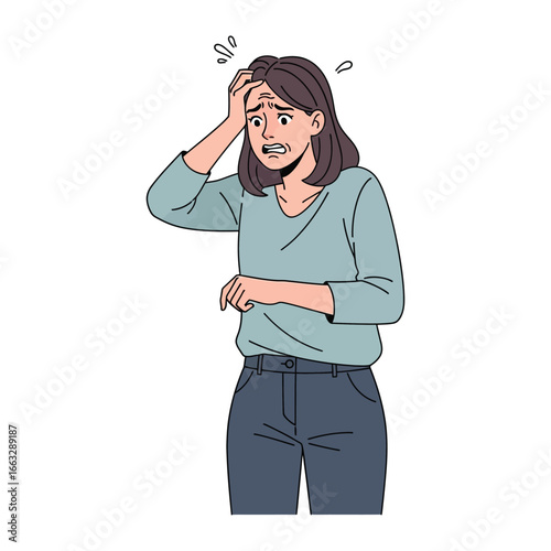 Woman in Distress: A woman, illustrated with digital artistry, portrays the feeling of fear and stress through her emotive expression and pose.