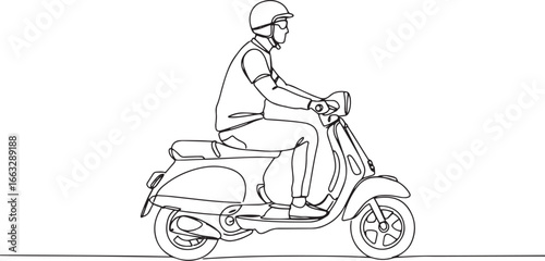A stylish man riding a vintage scooter drawn in a continuous lin