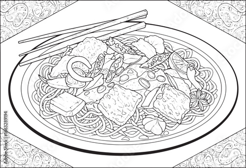 Detailed line art illustration of a plate of delicious Szechuan