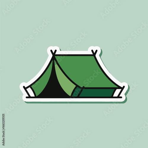 A charming stickerstyle illustration of a classic camping tent, perfect for outdoor adventure and travelthemed designs, isolated on a clean, light background