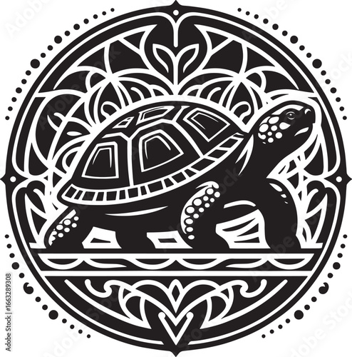 Intricate Black and White Illustration of a Goat within a Celestial and Mystical Frame