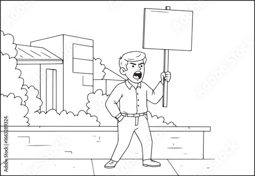 Cartoon illustration of an angry protester holding a blank sign
