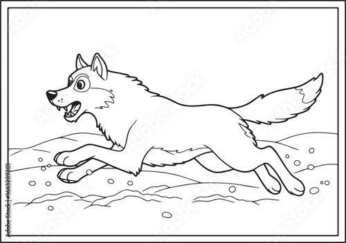Black and white outline drawing of a wolf running through a snow