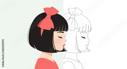 Illustration Vector Profile of Girl with Black Hair Red Bow Minimalist Style