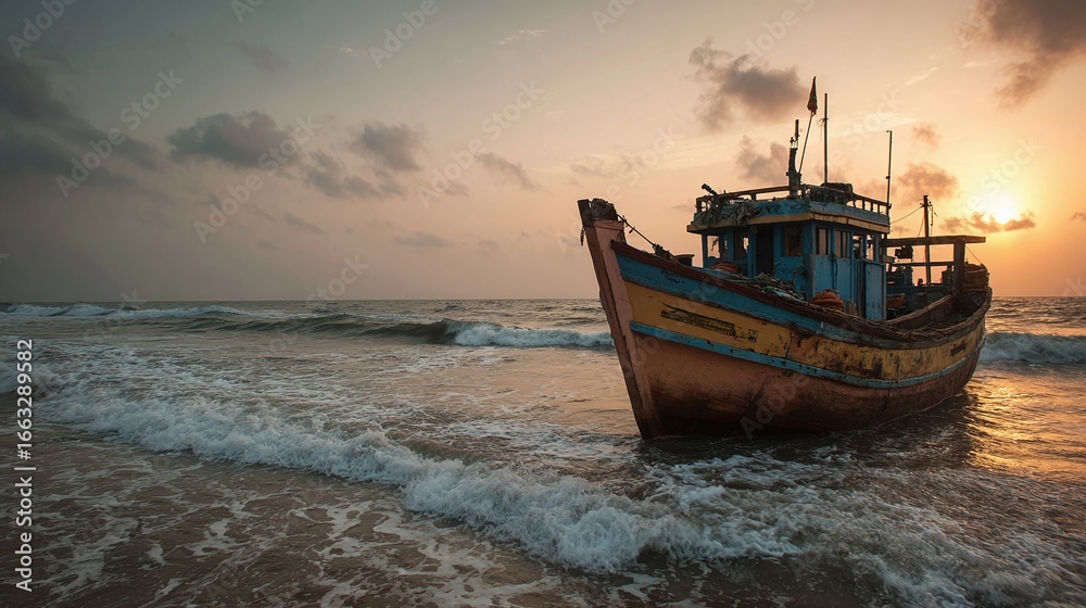 Fototapeta premium Seascape of an aged fishing boat at dawn. Sunrise bathes the waves with light, creating a tranquil coastal scene and an atmosphere of serenity.
