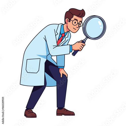 Scientific Inquiry: A male scientist, engrossed in research, peers through a magnifying glass, embodying the spirit of exploration and discovery.