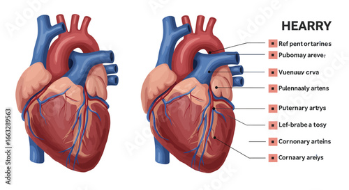 Anatomical Illustration of Two Human Hearts with Arteries and Veins.