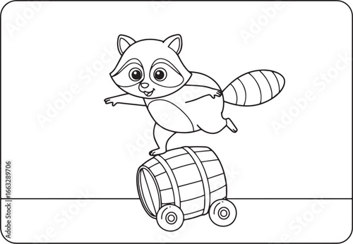 Coloring page featuring a cute raccoon balancing on a barrel, pe