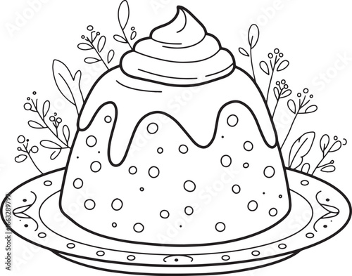 Charming plum pudding line art on a decorated plate for culinary
