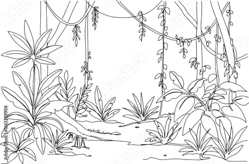 Line Art Tropical Undergrowth Illustrating Exotic Plants and Den