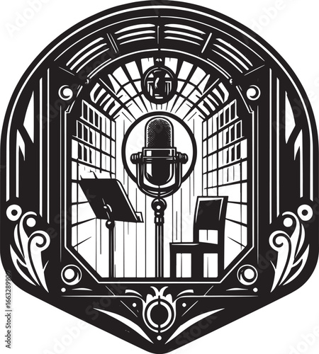 Monochrome Illustration of a Futuristic Spaceship Cockpit Interior with Graphic Style