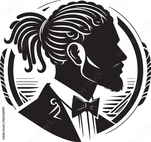 Silhouette of a Man with a Ponytail and Beard in a Tuxedo Profile View in a Circle
