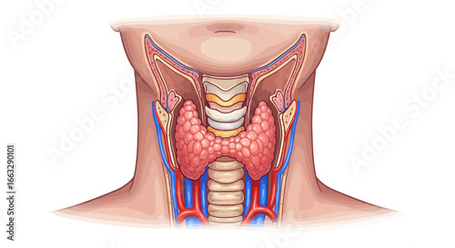 Anatomical Illustration of the Human Thyroid Gland and Neck Structure.