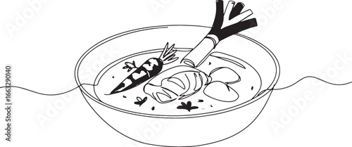 Continuous line art: A bowl of Belgian Waterzooi, creamy, savory