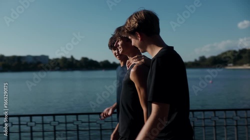 Happy Teenage Boys Laughing and Walking Together Outdoors