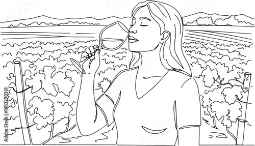 Elegant line art depicting a woman enjoying wine amidst pictures